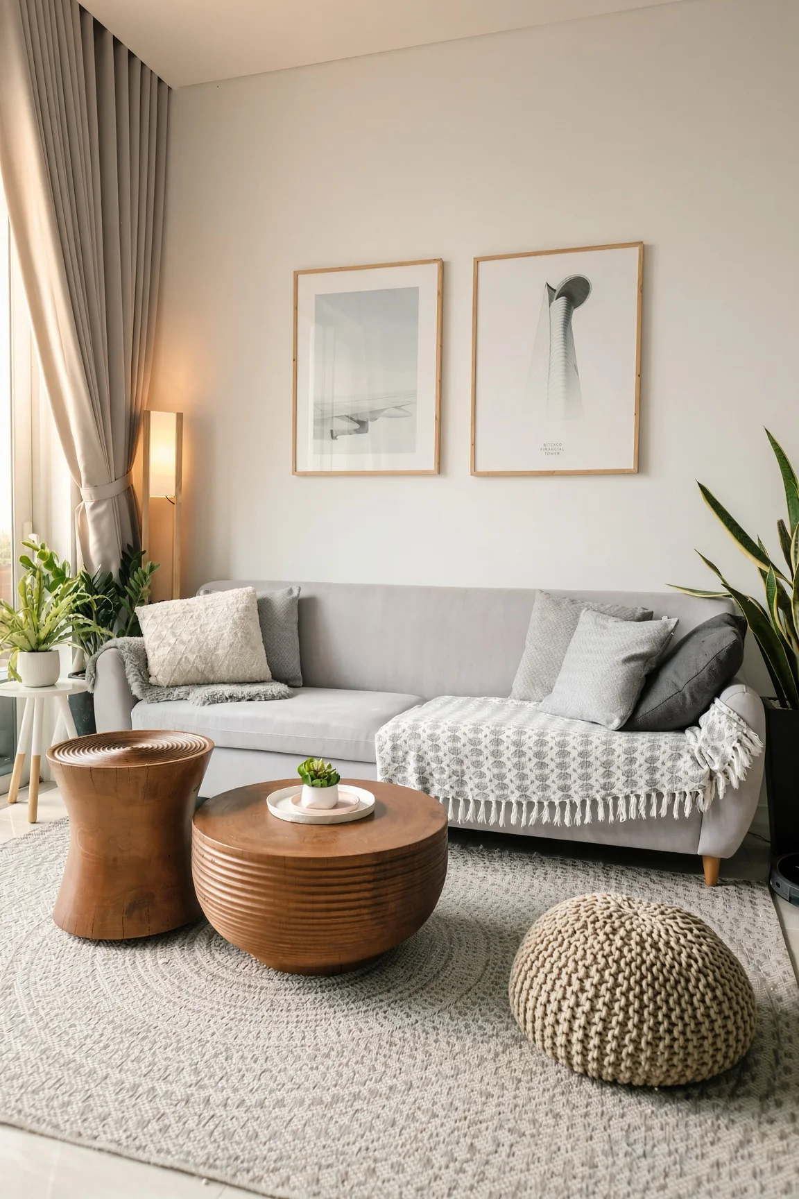 Pale grey sofa, wooden side tables, pouffe and round woven rug